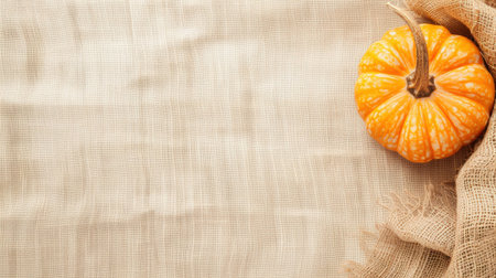 Simple autumn composition with pumpkins on textured rustic fabric. Modern seasonal background perfect for Halloween, fall holidays and thanksgiving design. AI-generated.の素材