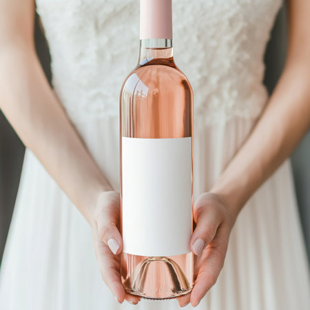 Rose wine bottle with a blank label held by a bride in a white dress. Perfect for wedding design, bridesmaid proposals, invitations, or romantic mockup templates. AI-generated.の素材
