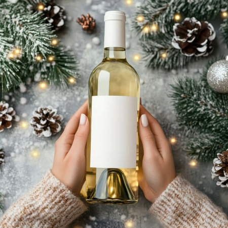 Minimal Christmas mockup of white wine bottle with blank label, fir tree branches, cones, and soft festive bokeh, ideal for elegant branding and marketing visuals. AI-generated.の素材