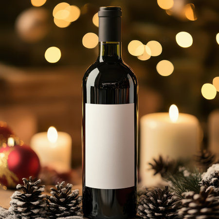 Modern Christmas mockup with red wine bottle in soft festive light, ideal for brand presentations, invitations, or product marketing visuals. AI-generated.の素材