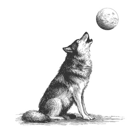 Wolf howling at the moon illustration vintage engraved vector featuring mystical night scene with...