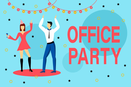 Office Party in a Nice Company. Cheerful Employees Celebrate the Holiday in the Office. Birthday, New Year, Christmas, Valentine's Day in the Company.のイラスト素材