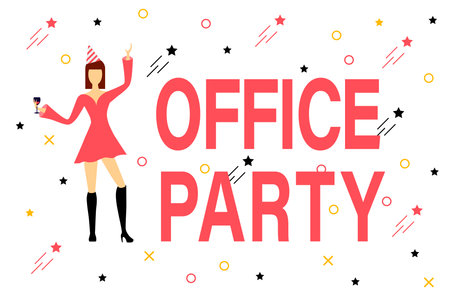 Office Party in a Nice Company. Cheerful Employees Celebrate the Holiday in the Office. Birthday, New Year, Christmas, Valentine's Day in the Company.のイラスト素材