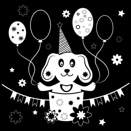 Puppy In A Basket With Flags, Balls And Flowers. Monochrome Image. Picture For Birthday Decoration, Print On T-Shirt Or Gift Wrap.のイラスト素材