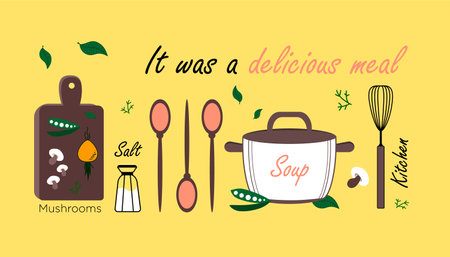 Kitchen Items On A Yellow Background. Delicious Vegetarian Food. Illustration For The Kitchen About Tasty And Healthy Food.のイラスト素材