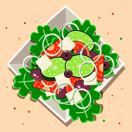 Greek Salad With Fresh Vegetables And Cheese. Vegetarian food. Healthy food. View from above. Diet Nutrition. Salad With Vegetables And Feta Cheese.のイラスト素材
