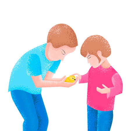 A little chick in the hands of a little boy. Taking care of animals. Family relationships. Caring for the environment and raising children.のイラスト素材