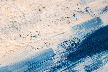 Blue abstract colorful oil painting on canvas. Oil paint texture with brush and palette knife strokes. Modern art concept.の写真素材