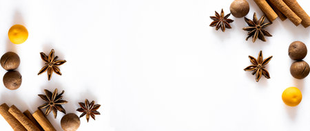 Banner with Christmas spices. Cinnamon, star anise, nuts, mandarin, and kumquat are isolated on a...
