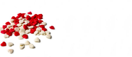 Banner of many small white and red hearts on a white isolated background. The concept of love and romance. romantic background composition. Valentine's Day.の写真素材