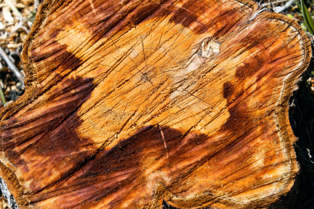 Old wooden oak tree cut surface. Detailed warm dark brown and orange tones of a felled tree trunk or...