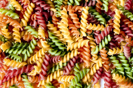 Background of colored noodles. Abstract texture of colorful pasta. Pattern of macaroni. Bright multicolor food backdrop. Food for children. The concept of proper nutrition.の写真素材