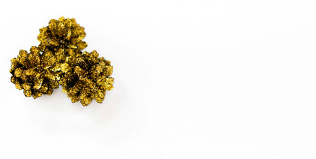 Cones in sequins on a white background with copy space. The concept of the New Year and Christmas time. Christmas banner, mock up.の写真素材