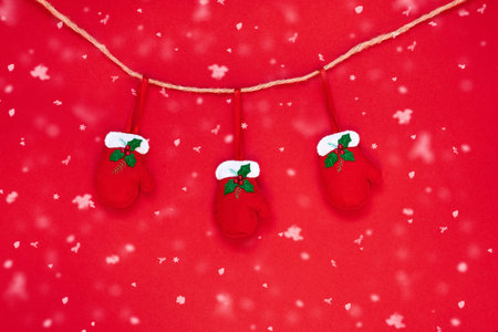 Red gloves on a rope isolated on the red hanging background with copy space. The atmosphere of...