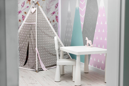 Interior design idea for a childrens room for a girl. Design of a childrens corner for leisure. Playroom for a child.の写真素材