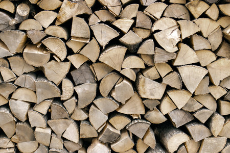 Chopped firewood stacked in a pile. Pile of logs for fireplace. Background of stacked firewood....