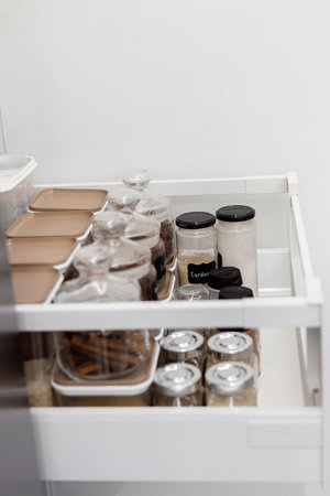 Close-up of jars of spices standing in a kitchen drawer. Storing spices in the kitchen. Home routine. Vertical photo.の写真素材