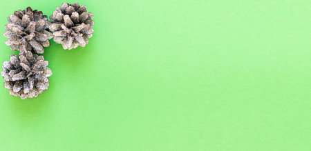 Cones in sequins on a green background with copy space. The concept of the New Year and Christmas...
