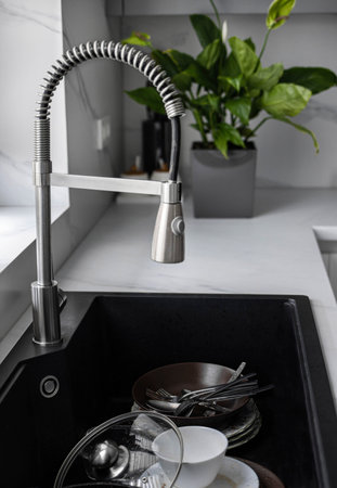 Dirty dishes, plates, and cutlery in a black kitchen sink. Messy pile of kitchenware after meal. Domestic chores and home cleaning concept.