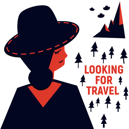 Girl in black hat looking for travelのイラスト素材