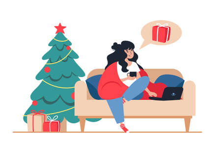 Woman buys Christmas gifts online store. New Year's online shopping from home. Vector illustration for a greeting card and web design of sites and pagesのイラスト素材