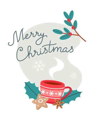 Hot drink, spices and ginger cookies, Merry Christmas, vector illustration for greeting card designのイラスト素材
