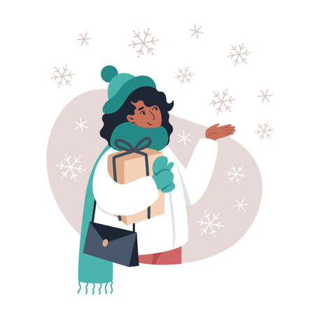 Woman catches snowflakes with her hand, vector illustration in flat styleのイラスト素材
