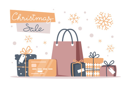 Christmas sale banner with snowflakes and gifts, vector illustration in flat styleのイラスト素材