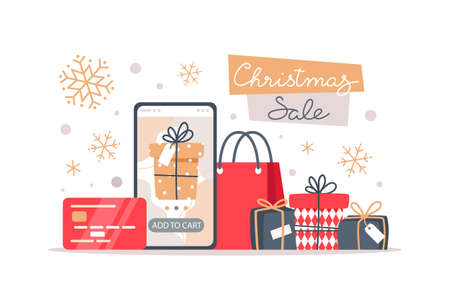 Christmas sale banner, online shopping using a smartphone, vector illustration in flat styleのイラスト素材