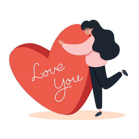 Woman hugs big heart, valentine's day card in flat styleのイラスト素材