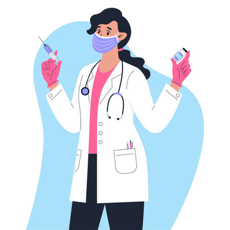 Vaccination and injection, doctor in medical gown with vaccineのイラスト素材