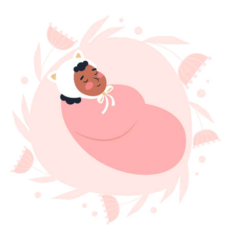 Little baby sleeping on a background of pink flowers in a flat styleのイラスト素材