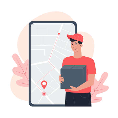 Young man courier with a parcel in his hands, delivery of goods from the online storeのイラスト素材