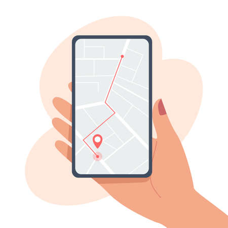 Smartphone mobile app with route and points location on a city mapのイラスト素材