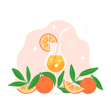 Cold drink, oranges and leaves in flat styleのイラスト素材