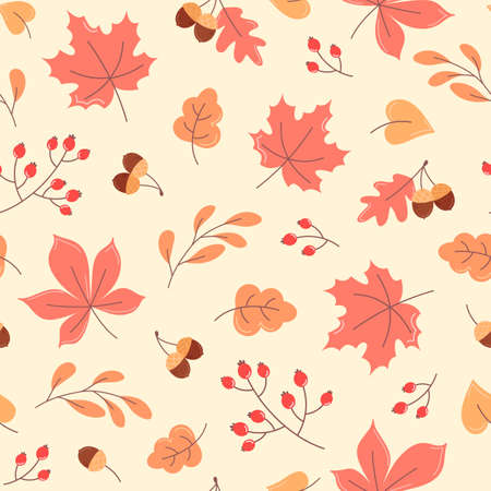 Autumn seamless pattern of orange leaves, acorns and branchesのイラスト素材