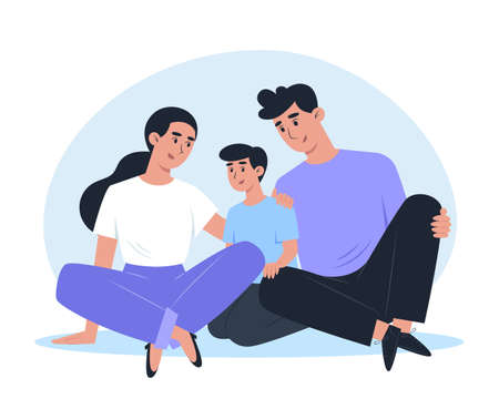 Happy family sitting on the floor and huggingのイラスト素材