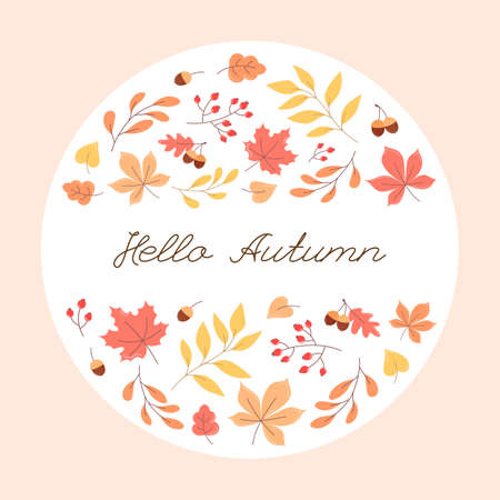 Card of orange leaves and twigs, hello autumnのイラスト素材