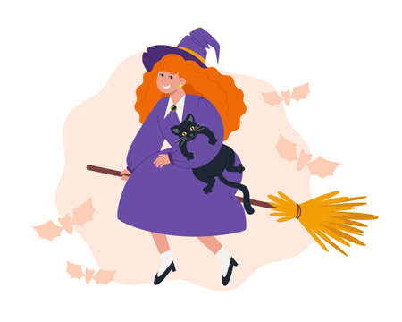 A witch in a purple dress and hat flies on a witch's broomstick with a black catのイラスト素材
