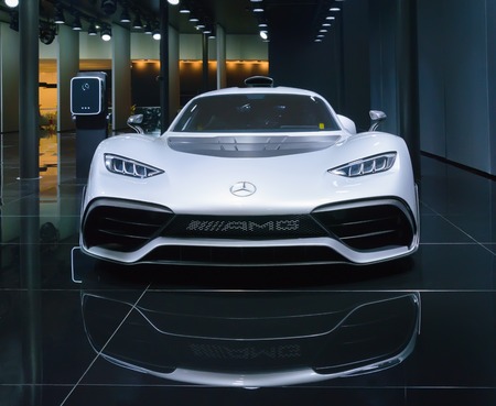 FRANKFURT, GERMANY - SEP 17, 2017: Mercedes AMG Project One, electric hybrid hypercar brings Formula 1 racing experience to the road. Presented at IAA 2017 Frankfurt Motor Show.のeditorial素材