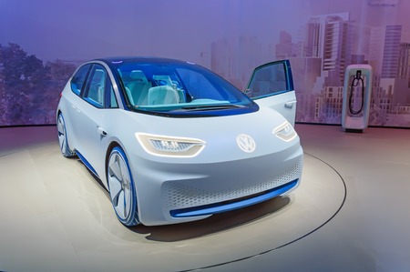 FRANKFURT, GERMANY - SEP 17, 2017: Volkswagen I.D. autonomous electric car at IAA Frankfurt Motor Show. VW ID is an affordable electric family hatchback supposed to come out in 2020.のeditorial素材
