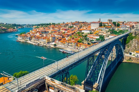Porto, Portugal: Dom Luis I Bridge over Duoro river and view over old town and Ribeira districtの写真素材