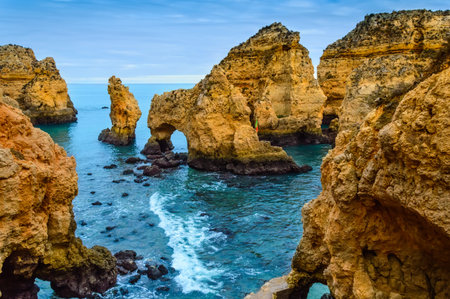 Ponta da Piedade cliffs near Lagos, Portugal. Beautiful seascape with natural rock formations in the...