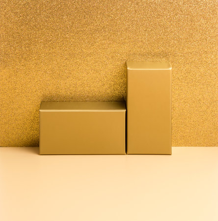 Abstract golden background with podium for product presentation on beige and luxury glitter gold background. Festive holiday design or mock up for package placement, promotion sale or cosmetic displayの写真素材