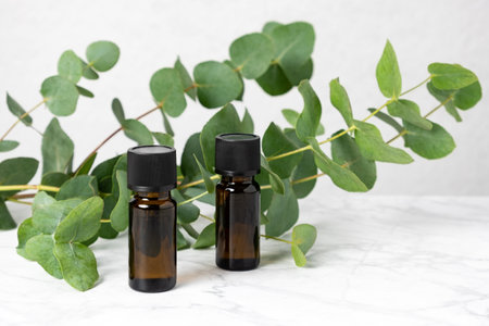 Two amber bottles of eucalyptus essential oil and fresh eucalyptus leaves on marble table. Natural cosmetic ingredients for skin care products. Herbal spa, wellness treatment and relaxation conceptの写真素材