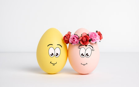 Couple of funny Easter eggs with cute faces. Yellow boy and pink girl in flower crown on white background. Character theme of love and togetherness with spring mood. Creative Happy Easter compositionの写真素材