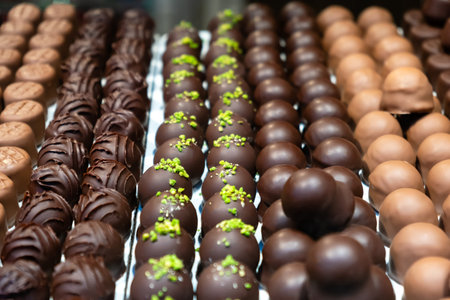 Assortment of chocolate pralines in pastry shop. Variety of sweet Swiss or Belgian candies in rows....