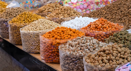 Traditional Moroccan snacks, nuts, candies and sweets at Souk el Had market in Agadir, Morocco....