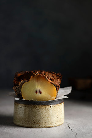 pie with baked pear and chocolate. high quality photoの写真素材