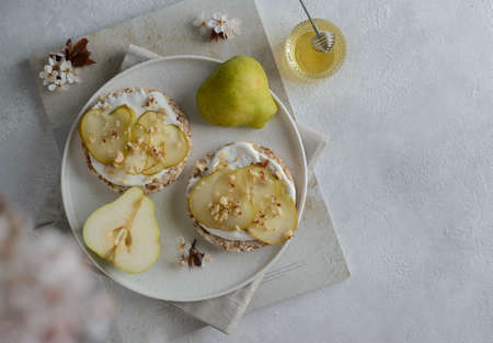 bread with pear and yogurt. high quality photoの写真素材
